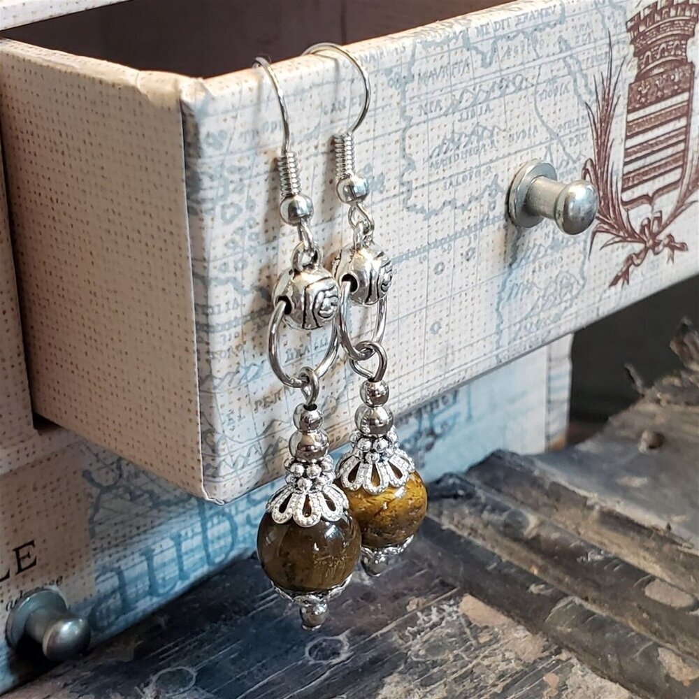 Lacy Trim Tiger Eye Gemstone Silver Carved Rose Handcrafted Earrings